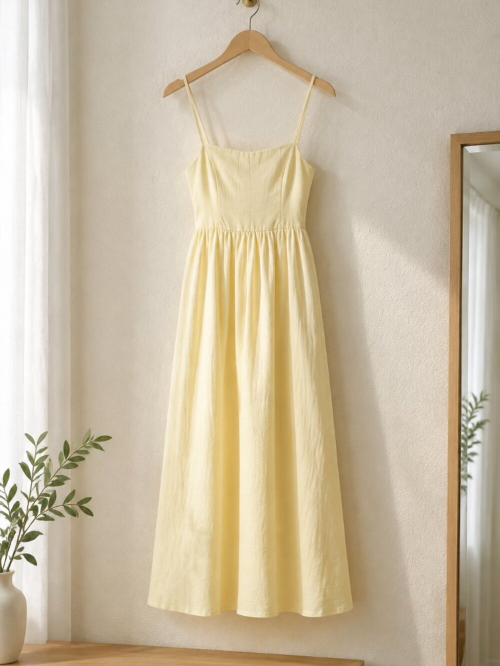 Butter Yellow Spaghetti Strap Midi Dress Fit & Flare Summer Sundress